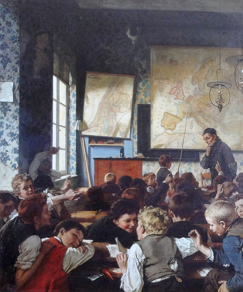 Schulstube w&auml;hrend des Geographieunterrichts um 1874